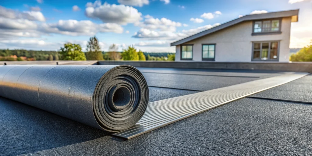 A roll of EPDM roofing material sits on a flat rooftop under a blue sky with fluffy clouds. In the background, a modern house is surrounded by green trees. The sunlight casts soft shadows, highlighting the texture of the materials.
