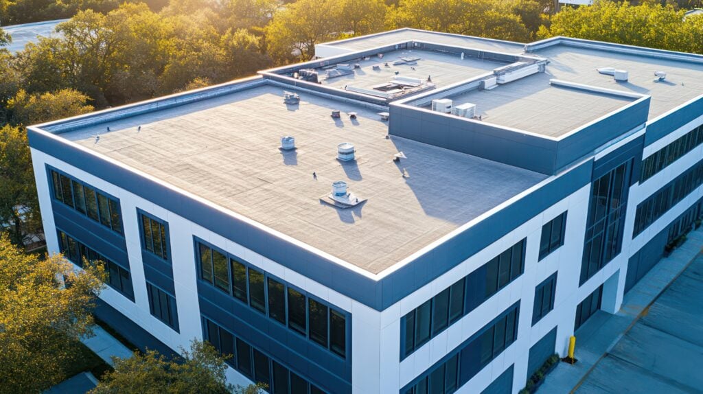 commercial roof types Roofing for commercial buildings, with a large office complex getting new roofing installed by a team of contractors